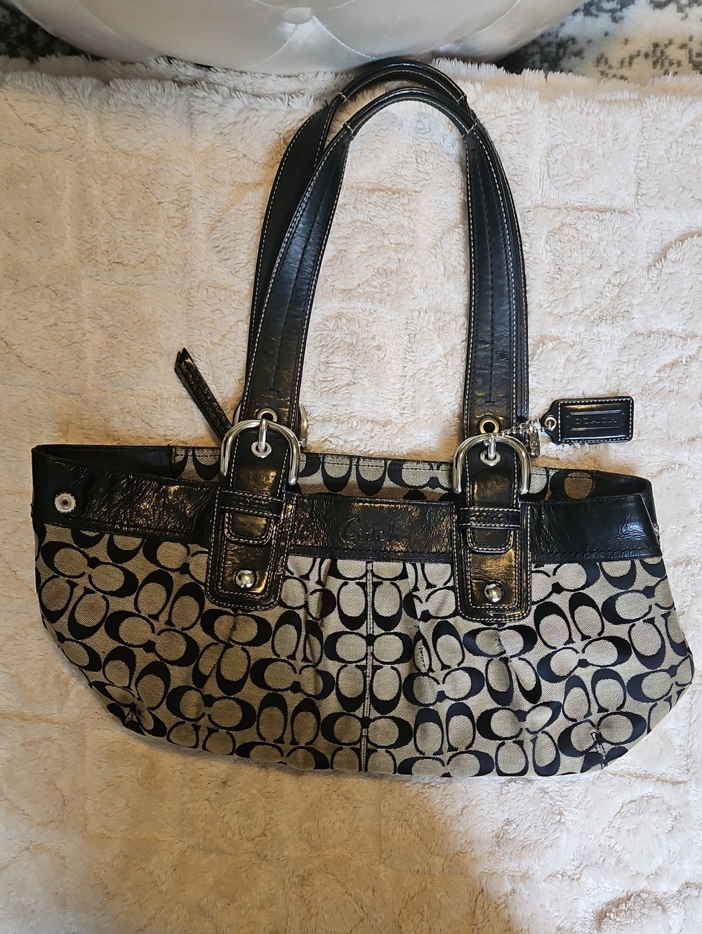 Coach Black and Khaki Signature Canvas Shoulder Bag with Leather Trim